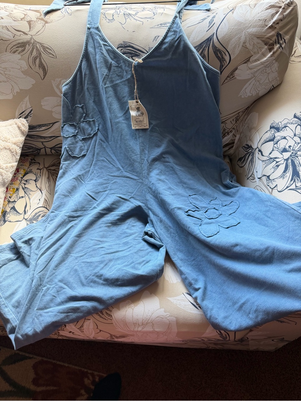 Easel Light Blue Floral Patch knit Wide-Leg Jumpsuit